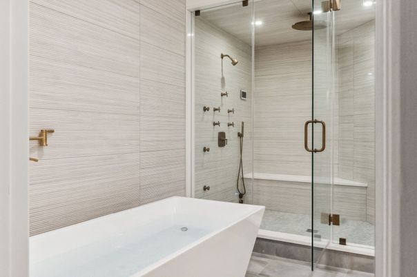 Bathroom, Free Standing Baths, Glass Shower, Interior, Recessed Lighting