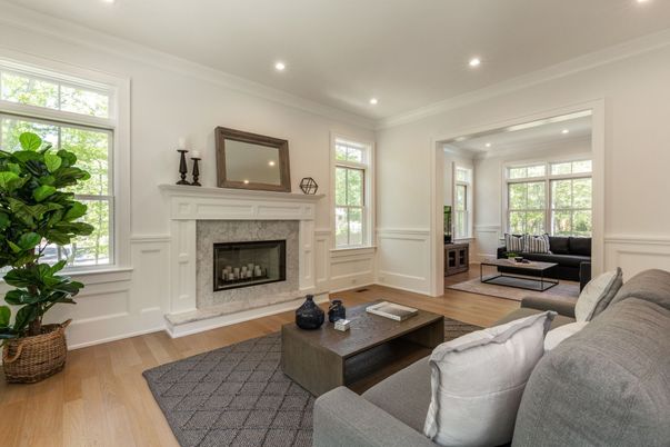 Fireplace, Interior, Living room, Recessed Lighting, Wood Texture Flooring