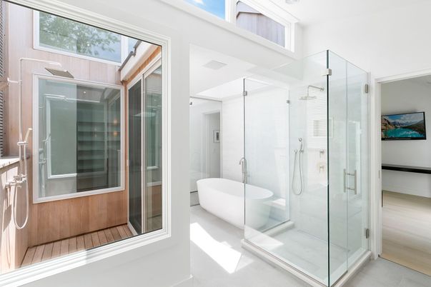 Bathroom, Free Standing Baths, Glass Shower, Interior, Wood Texture Flooring