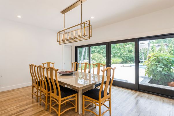 Dining room, Interior, Pendant Lights, Recessed Lighting, Wood Texture Flooring