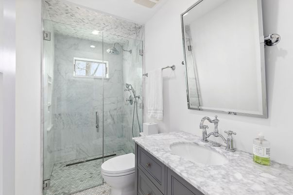 Bathroom, Glass Shower, Interior, Marble Walls, Recessed Lighting
