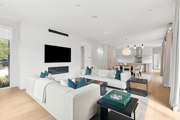 Dining room, Fireplace, Interior, Kitchen, Living room, Pendant Lights, Recessed Lighting, Wood Texture Flooring