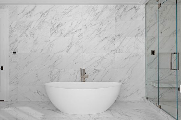 Bathroom, Free Standing Baths, Glass Shower, Interior, Marble, Marble Walls