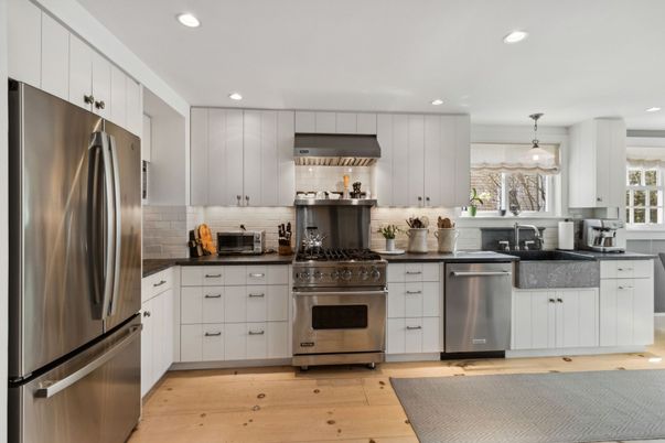 Interior, Kitchen, Pendant Lights, Recessed Lighting, Stainless Steel Appliances, Wood Texture Flooring