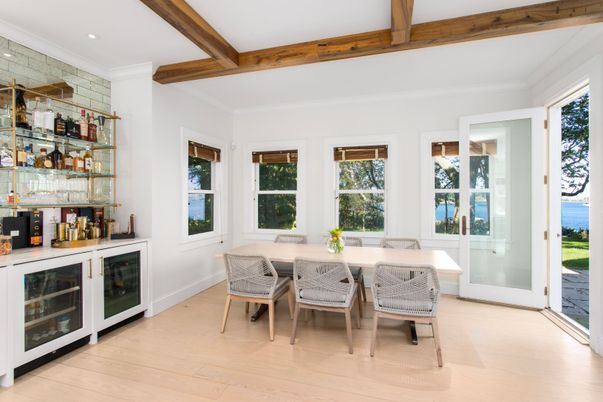 Dining room, Interior, Recessed Lighting, Water, Wooden Beams, Wood Texture Flooring
