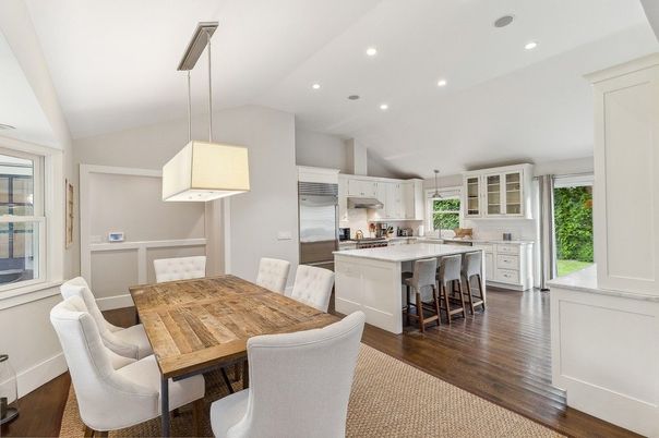 Dining room, Interior, Kitchen, Pendant Lights, Recessed Lighting, Stainless Steel Appliances, Wood Texture Flooring