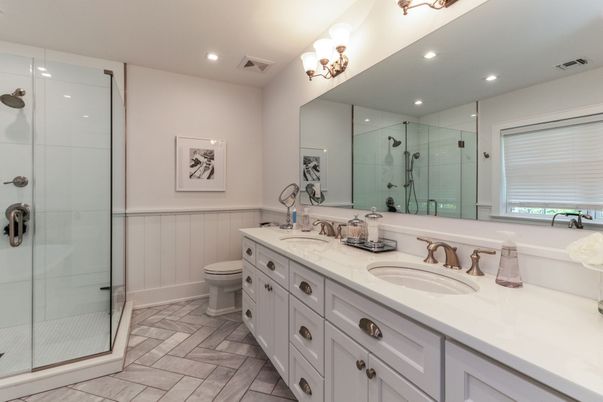 Bathroom, Dual Sink Vanities, Glass Shower, Interior, Recessed Lighting