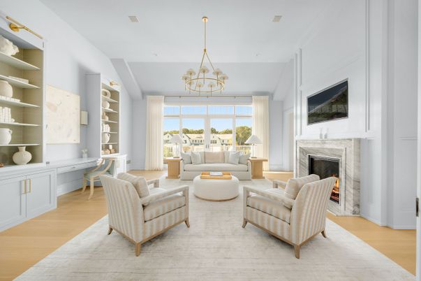 Chandelier, Fireplace, Interior, Living room, Pendant Lights, Recessed Lighting, Wood Texture Flooring