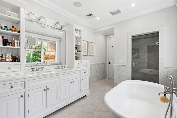 Bathroom, Dual Sink Vanities, Free Standing Baths, Glass Shower, Interior, Marble, Recessed Lighting