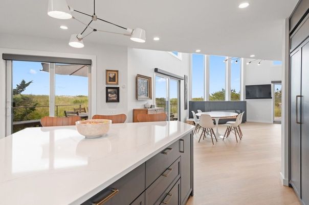 Dining room, Interior, Pendant Lights, Recessed Lighting, Wood Texture Flooring