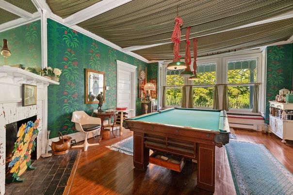 Billiard Table, Fireplace, Game Room, Interior, Pendant Lights, Wood Texture Flooring