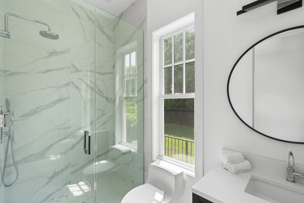 Bathroom, Glass Shower, Interior, Marble Walls