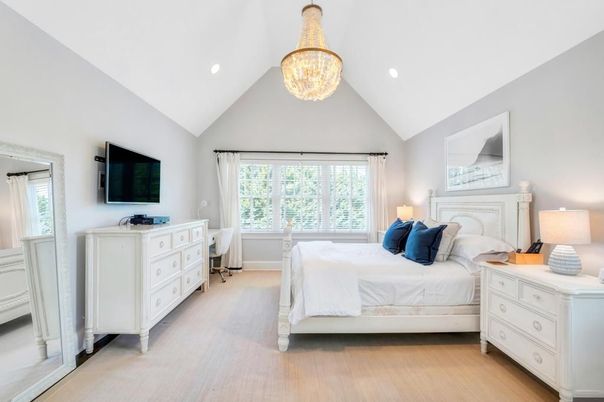 Bedroom, Chandelier, Interior, Recessed Lighting, Wood Texture Flooring