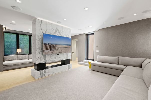 Interior, Living room, Marble Walls, Recessed Lighting, Wood Texture Flooring