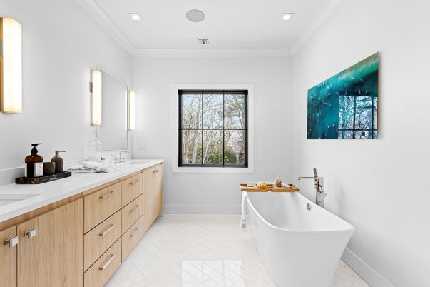 Bathroom, Dual Sink Vanities, Free Standing Baths, Interior, Marble, Recessed Lighting