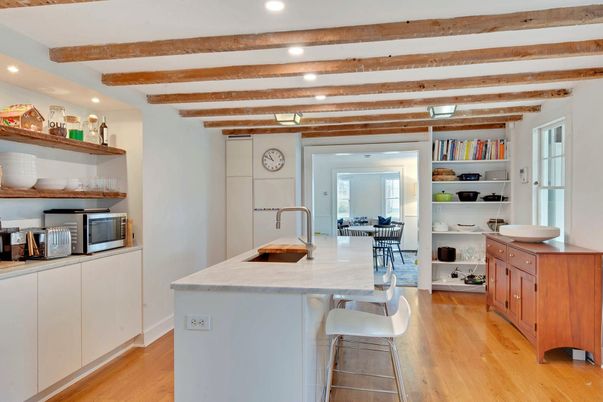 Interior, Kitchen, Recessed Lighting, Wooden Beams, Wood Texture Flooring