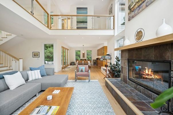 Fireplace, Interior, Living room, Pendant Lights, Recessed Lighting, Wood Texture Flooring