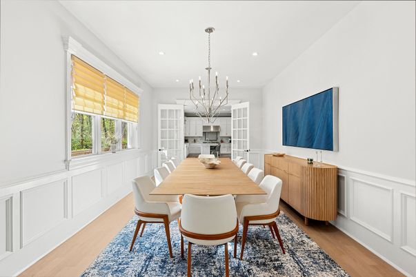 Dining room, Interior, Kitchen, Pendant Lights, Recessed Lighting, Wood Texture Flooring