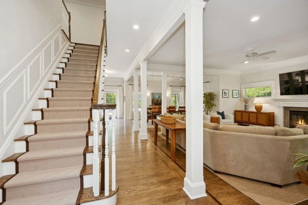 Dining room, Fireplace, Interior, Living room, Recessed Lighting, Wood Texture Flooring