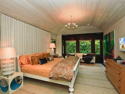 Bedroom, Chandelier, Interior, Recessed Lighting, Wooden Ceilings, Wood Texture Flooring