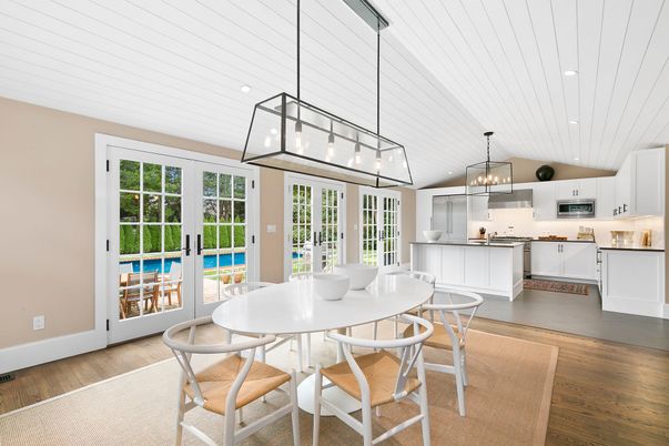 Dining room, Interior, Kitchen, Pendant Lights, Recessed Lighting, Wood Texture Flooring