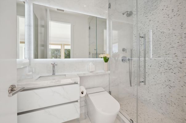 Bathroom, Glass Shower, Interior, Marble Walls, Recessed Lighting