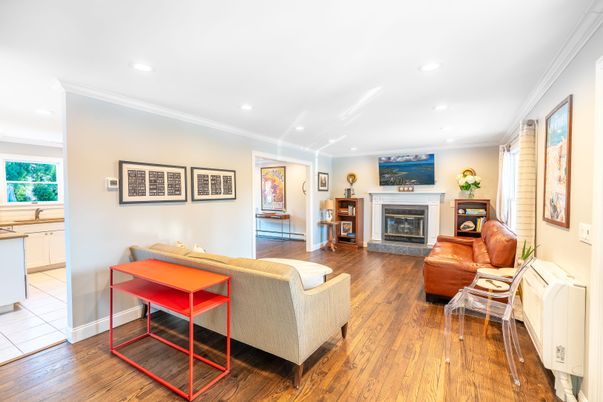 Fireplace, Interior, Living room, Recessed Lighting, Wood Texture Flooring
