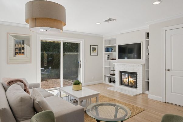 Fireplace, Interior, Living room, Recessed Lighting, Wood Texture Flooring