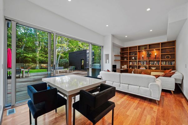 Dining room, Interior, Living room, Recessed Lighting, Wood Texture Flooring
