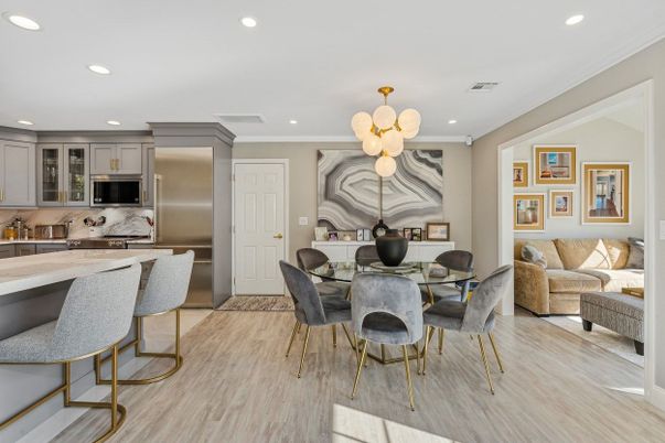 Dining room, Interior, Kitchen, Living room, Pendant Lights, Recessed Lighting, Stainless Steel Appliances, Wood Texture Flooring