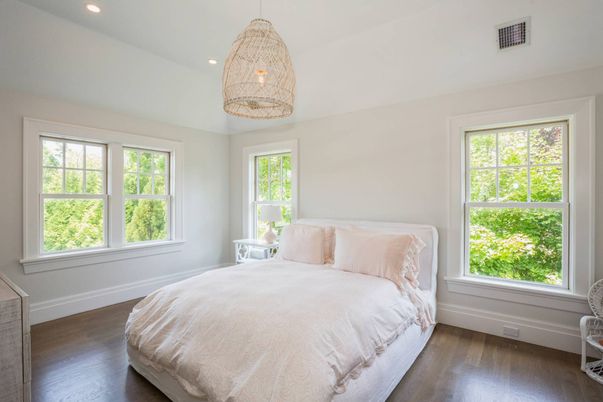 Bedroom, Interior, Pendant Lights, Recessed Lighting, Wood Texture Flooring
