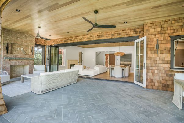 Fireplace, Interior, Living room, Recessed Lighting, Stone Walls, Wooden Ceilings, Wood Texture Flooring, Wooden Walls