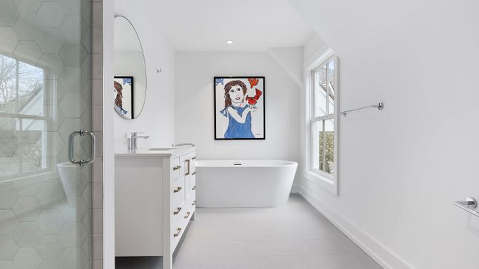 Bathroom, Free Standing Baths, Interior, Marble Walls, Recessed Lighting