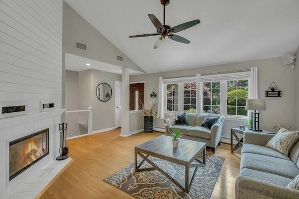 Fireplace, Interior, Living room, Recessed Lighting, Wood Texture Flooring