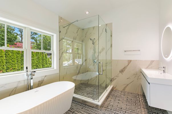 Bathroom, Free Standing Baths, Glass Shower, Interior, Marble Walls, Recessed Lighting