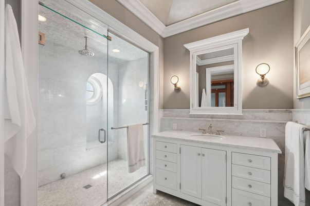 Bathroom, Glass Shower, Interior, Marble Walls