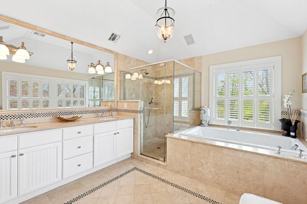 Bathroom, Dual Sink Vanities, Glass Shower, Interior, Pendant Lights, Recessed Lighting