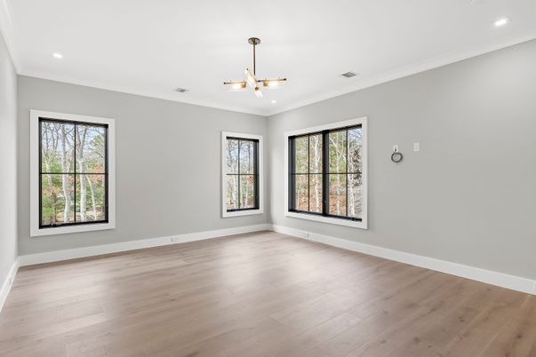 Empty room, Interior, Pendant Lights, Recessed Lighting, Wood Texture Flooring