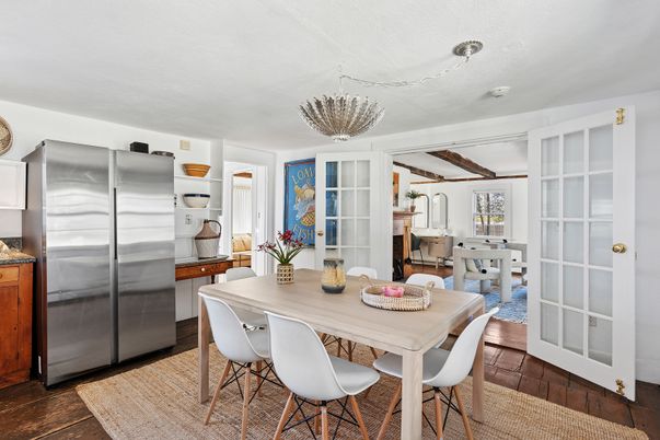 Dining room, Interior, Kitchen, Stainless Steel Appliances, Wooden Beams, Wood Texture Flooring