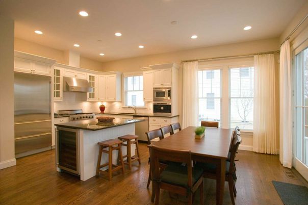 Dining room, Interior, Kitchen, Recessed Lighting, Stainless Steel Appliances, Wood Texture Flooring