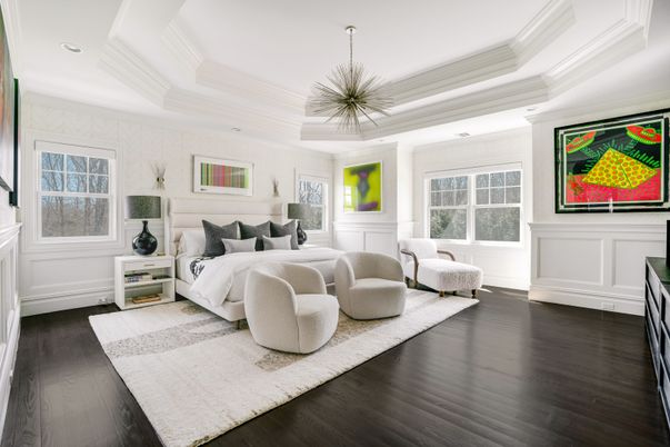 Bedroom, Interior, Pendant Lights, Recessed Lighting, Wood Texture Flooring