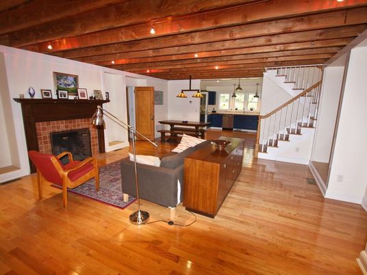 Dining room, Fireplace, Interior, Living room, Pendant Lights, Recessed Lighting, Wooden Beams, Wooden Ceilings, Wood Texture Flooring