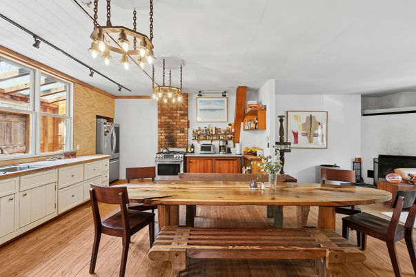 Dining room, Interior, Kitchen, Pendant Lights, Tile Countertops, Wood Texture Flooring