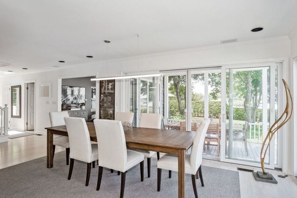 Dining room, Interior, Pendant Lights, Wood Texture Flooring