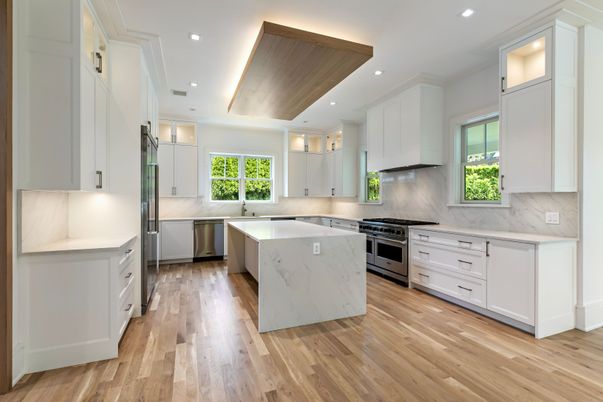 Interior, Kitchen, Marble Walls, Recessed Lighting, Stainless Steel Appliances, Wood Texture Flooring