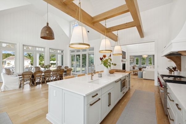 Dining room, Interior, Kitchen, Living room, Pendant Lights, Wooden Beams, Wood Texture Flooring