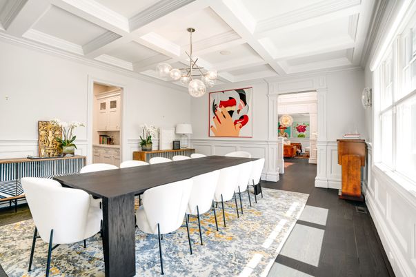 Dining room, Interior, Pendant Lights, Wood Texture Flooring