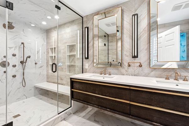 Bathroom, Dual Sink Vanities, Glass Shower, Interior, Marble, Marble Walls, Recessed Lighting