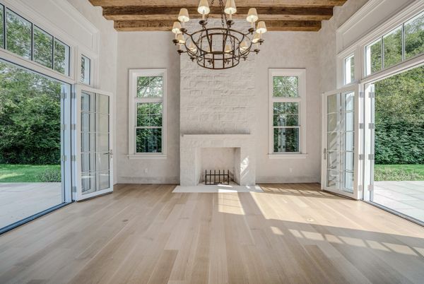 Chandelier, Empty room, Fireplace, Interior, Wooden Beams, Wooden Ceilings, Wood Texture Flooring
