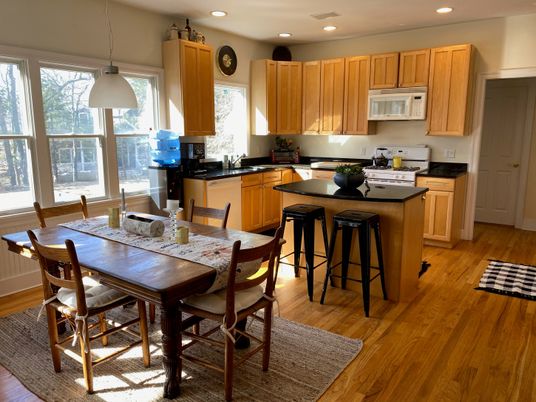 Dining room, Interior, Kitchen, Pendant Lights, Recessed Lighting, Wood Texture Flooring